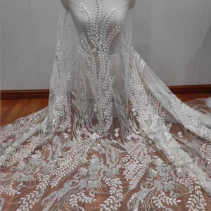 Ornate Sparkling Sequins Lace Leaves Fabric With Beaded Bridal Wedding Embroidery Lace Fabric
