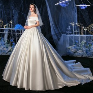 One shoulder satin main wedding dress 2024 new bride’s wedding dream starry sky long tail wedding dress for spring and summer