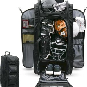Catcher’s Bag, Rolling Equipment Bag Holds All Baseball Softball Gear, 7 Internal Bat Sleeves