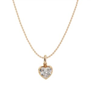 14k yellow gold necklace set with a 2-carat heart-shaped lab diamond pendant, bezel-set with 18″ cross-chain, 1.35mm wide