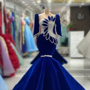 Velvet Mermaid Royal Blue Evening Dress 2024 Short Sleeve 3D Leaf Crystal Rhinestones Formal Occasion Gowns Elegant Wedding Gown