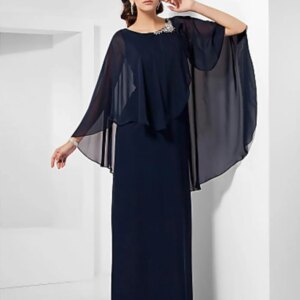 Elegant Dark Navy Sheath Column Chiffon Formal Evening with Crystals Jewel Neck Floor Length Mother of The Bride Dresses Robes D