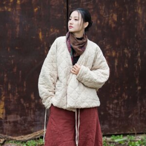 Winter Cotton and Linen Women’s New Quilted Warm-Keeping Clothing Artistic Casual Zen Style Rhombus Short Cotton-Padded Coat