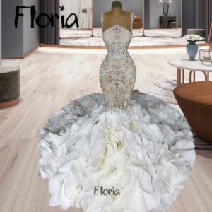 Beading Crystals Mermaid Ruffle Wedding Dress Ruched Tiered Pearls Bridal Gownfor Luxury Customized Women Fashion Robe de Mariée