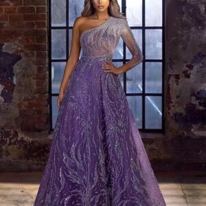 Sparkling Purple Mesh Prom Dress One Shoulder Neckline with Sheer Mesh Long Sleeve Floor Length 2023 Elegant Party Dress