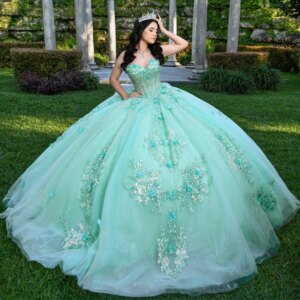 Mint Green Quinceanera Dresses Off Shoulder Ball Gown Sweet 16 Dress Applique Flower Beads Tull Birthday Party Vestidos 15 De