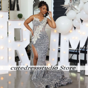 Silver Sequin Prom Dresses For African Girls Pretty Applique HIgh Split Mermaid Party Dress Vestidos De Festa Females Customized