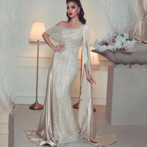 Champagne Luxury One Shouder Split Evening Dresse Gowns 2023 Elegant Mermaid Crystal Beading For Women Party