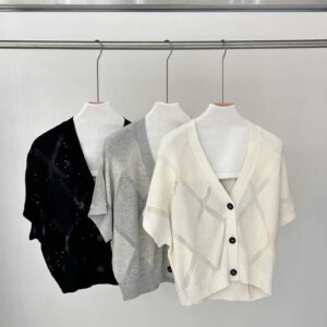 Sequin Argyle Women’s Knitted Cardigan Spring Summer 2025 V-Neck Single Breasted Short Sleeve Elegant Female Sweater