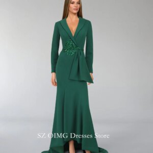 OIMG Dubai Crepe Satin Classic Green Prom Dresses Sequined Blazer Dress Ruffles Women Evening Gowns Formal Party Dress