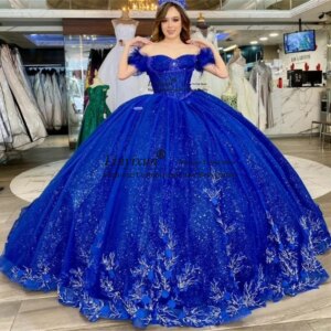 Customized Shiny Royal Blue Quinceanera Dress Ball Gown Lace Applique Sequins Beads Mexico Corset Sweet 16 Vestido De 15 Anos