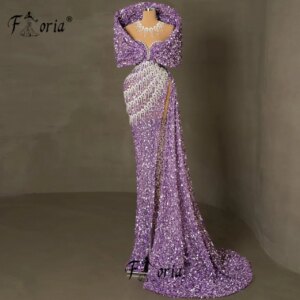 High Event Purple Heavily Beads Mermaid Evening Dresses Sequins Tassels Purple Wrapped Shoulder Wedding Party Gown Dubai Vestido