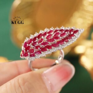 KUGG 100% 18K White Gold Rings Luxury Diamond Jewelry Natural Ruby Ring for Women Shiny Leaf Shape High Party Jewelry