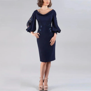 Little Daisy CustomizedDark Navy Mother of the Bride Dress 2023 Sheath Cowl Neck Wedding Guest Dresses Lace Sequins Knee-Length