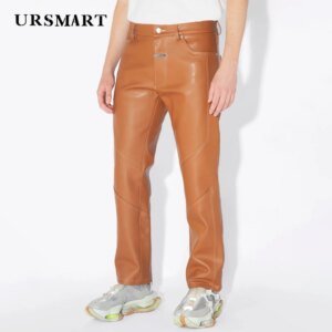 High quality genuine leather men’s pants brown fashionable men’s British style custom sheepskin pants for men