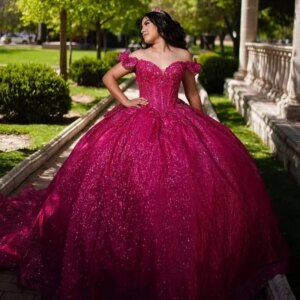 Customized Shiny Rose Red Off Shoulder Quinceanera Dress crystal sequin Tull Lace Long tail Bow vestidos de 15 Quinceanera