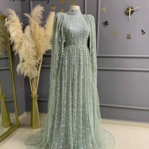 Vintage Sage Green High Neck Long Sleeves Evening Dresses Arabic Cape Muslim Kaftans Formal Gowns for Women’s Party Customized