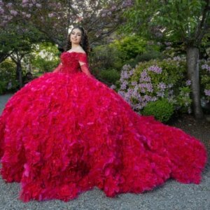 Rose Red Shiny Quinceanera Dresses Off The Shoulder Beads Crystal Tull Tiered Vestidos De 15 Formal Princess Party Dress Sweet