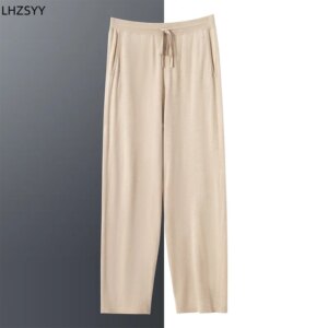 LHZSYY High-end Sports Leisure Mulberry Silk Wide-leg Pants Men’s Thin Worsted Cashmere Trousers Elastic Waist Straight Pants