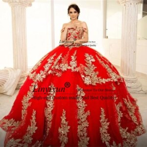 Mexican Ball Gown Quinceanera Dress Gold Lace Applique Princess Sweet 16 Birthday Customized Off Shoulder Vestido De 15 Anos