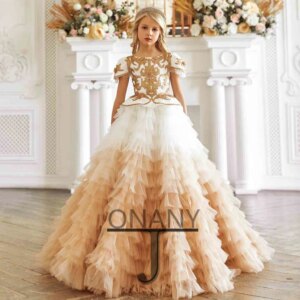 JONANY Geogeous Flower Girl Dress Layered Tulle Train Made To Order Birthday Pageant Communion Robe De Demoiselle Baby Party