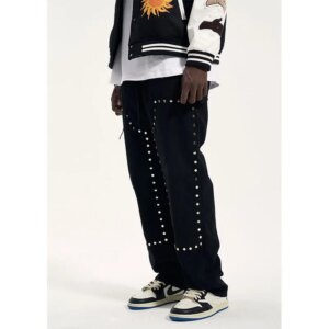 High Street Heavy Rivets Avant-Garde men’s Workwear Bump Nails Casual Slacks Logging Pants