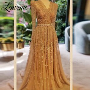 Formal Muslim Middle East Arabic Evening Dresses A Line Heavy Beaded Long Sleeves V Neck Party Dress Engagement Prom Gowns 2025