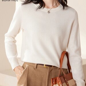 BirdTree, 100%Pure Cashmere Elegant Sweaters, Women Long Sleeve O Neck, Fashion Bottom Knit Sweater, 2024 Fall Winter T478115QC