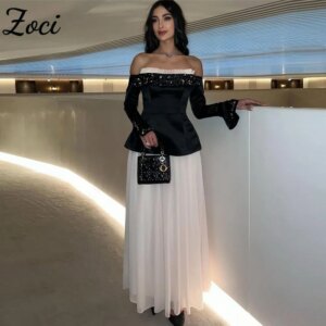 Zoci Boat Neck Saudi Arabic Prom Dresses Long Sleeves Off Shoulder Formal Party Gown Customized Crystal Beads Dubai Evening Gown
