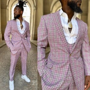 Plaid Men’s Wedding Suits Peak Lapel Slim Fit Groom Wear One Button Tuxedos Customize 3 Pcs Coat Pants Vest