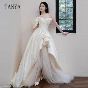 Customized Elegant Satin Wedding Dresses For Women One Shoulder Sweetheart Neckline A Line High Side Split Fashion Bridal Gown