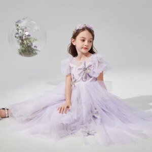 Girls Princess Dress Puffy Tulle Round Neck Floor-length Puff Sleeve Three-dimensional Beaded Lace Flower Birthday Party Dress