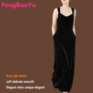Natural Mulberry Silk Velvet Women’s Jumpsuit, Black Sleeveless Strappy High-waisted Jumpsuit, Original Design, Comfortable Soft