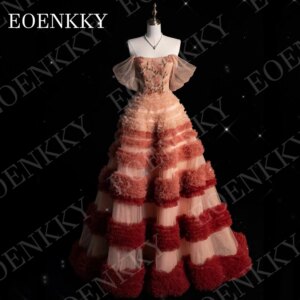 EOENKKY Luxury Prom Dresses Off Shoulder Woman Floral Embroidery Layered Ruffles Evening Dress Customized платье на выпускной
