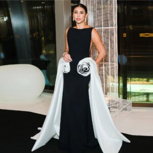 Couture Black Stretchy Long Evening Dresses With Both Side Floral Overlay Elegant Contrast Color Fashion Formal Party Dress