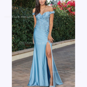 Graceful Satin Mermaid Prom Dresses For Women Fashion Off The Shoulder Sleeveless Lace Appliques Formal Party Reception Gowns