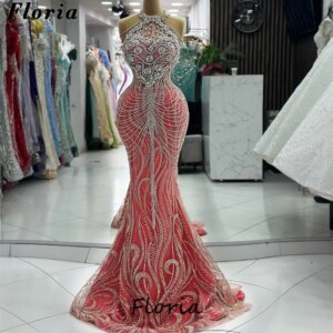 Abendkleider Pink Beading Evening Dresses Halter Mermaid Prom Dress Luxury Dubai Beading Crystals Wedding Party Dress Robes 2024