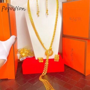 Popodion  New 24k Gold Plated Dubai Beads Tassel Necklace Earrings Women’s Ring Bridal Wedding Party Three Piece Set YY10267