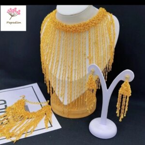 Popodion Dubai 24K Gold Plated Jewelry Set for Women Earring Necklace Bracelet Set DD30202