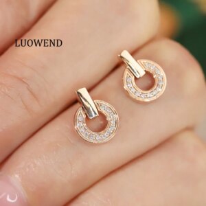 LUOWEND 18K Rose Gold Earrings Elegant Round Design INS Style Real Natural Diamond Stud Earrings for Women High Birthday Gift