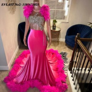 EVLAST Customized Sexy Pink Mermaid Prom Dress Black Girls Silver Diamond Crystal Beaded Feather Evening Party Gown E2P235