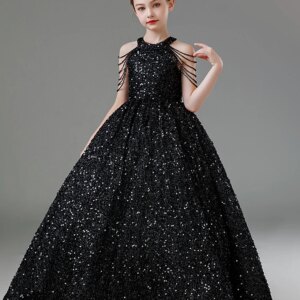 YZYmanualroom Junior Bridesmaid Halterneck Dress Flower Girl Dress Birthday Party Sleeveless Black Puffy Skirt 2-14T