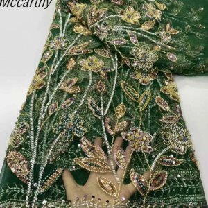 French Mesh Lace 2025 Fabrics Embroidery Sequins Tulle Beaded African Fabric for Women Party Dresses 5Yards Sewing Meters