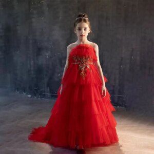 Jill Wish Luxury Red Beaded Arabic Tulle Girl Dress Tiered Princess Kids Long Wedding Birthday Pageant Party Evening Gown J108