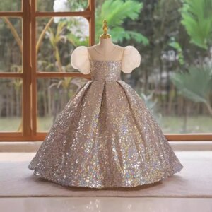 Children’s dress new stage catwalk host piano sequined bubble sleeves little girl birthday party princess dress