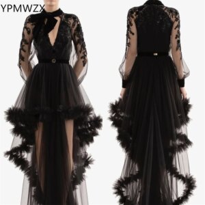 Customized Prom Gown Evening Women YPMWZX Scoop Neckline A-line Hi-Lo Length Skirts Draped Feather Embroidery Bespoke Occasion