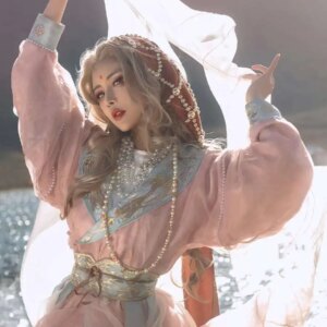 Huangyue {Uyghur Princess} Real Vegetable Heavy Industry Embroidery Collar Yarn Round Neck Robe Improved Hanfu Female Full Style