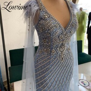 Luxury Full Beaded Crystals Evening Dresses V Neck Long Cape Sleeves Blue Prom Dress Mermaid Engagement Party Gowns Customized