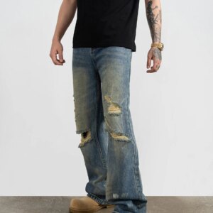High Street Water Washed Hole Straight Jeans Men’s and Women’s All-Match Trousers
