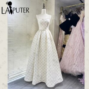Laiputer Beaded Tiny Flower Beige Prom Dresses Woolen A line Evening Gown Pearl Shell Shoudler Straps Box Pleat Girl Party Dress